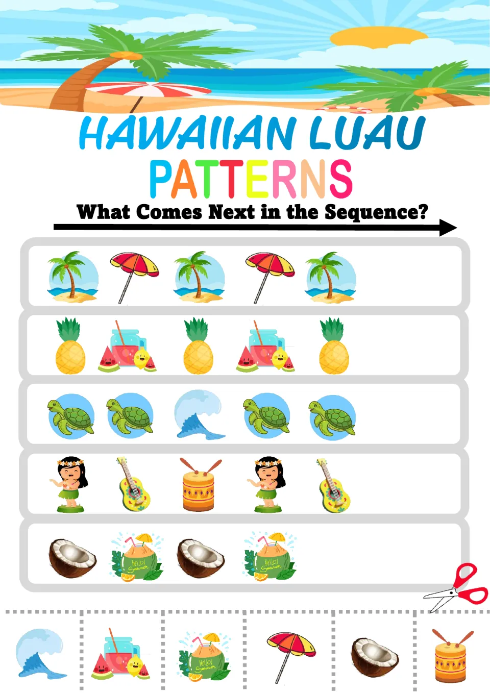 Mixed luau patterns: students pick cut-out tiles to extend palm-umbrella, turtle-wave and hula-ukulele-drum sequences