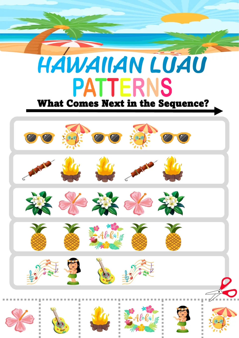 Luau sequence practice: students complete sunglasses-sun, skewer-campfire, pineapple-Aloha and music-hula-ukulele rows