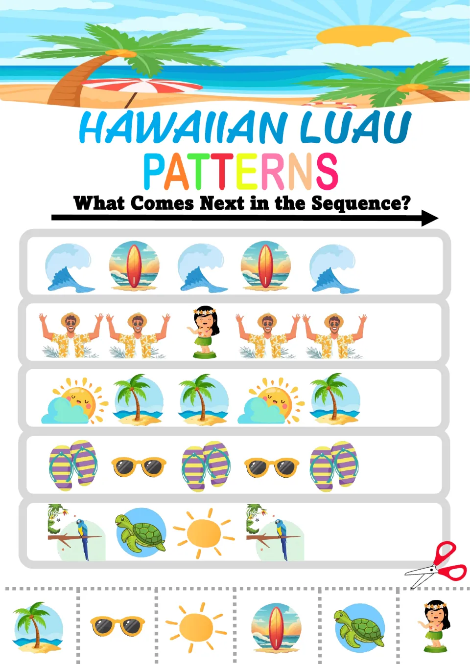 Beach patterns: students continue wave-surfboard, flip-flop-sunglasses and parrot-turtle-sun rows with cut-out tiles