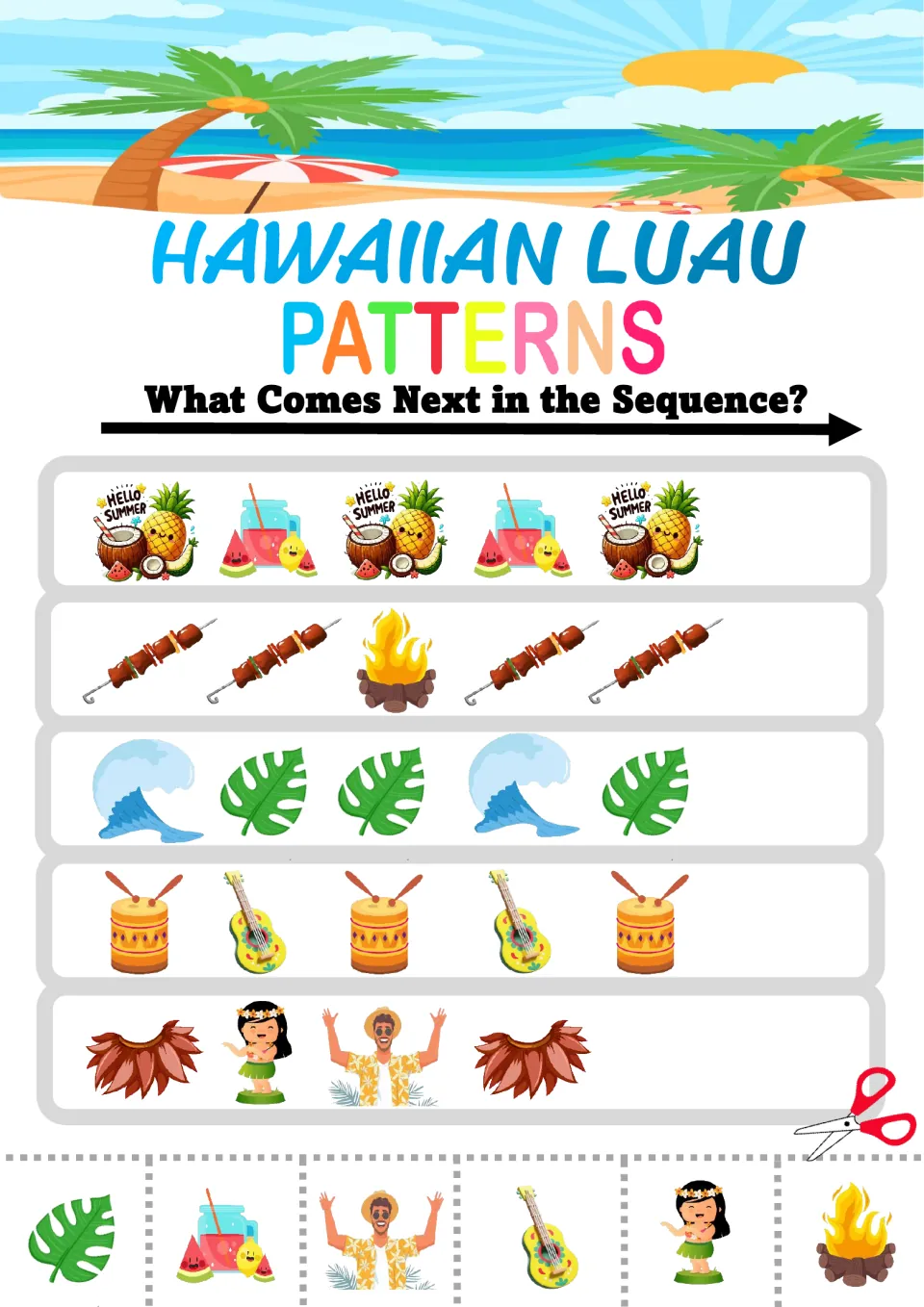 Luau food and music patterns: students extend drink, skewer, drum-ukulele and grass skirt-hula-dancer sequences