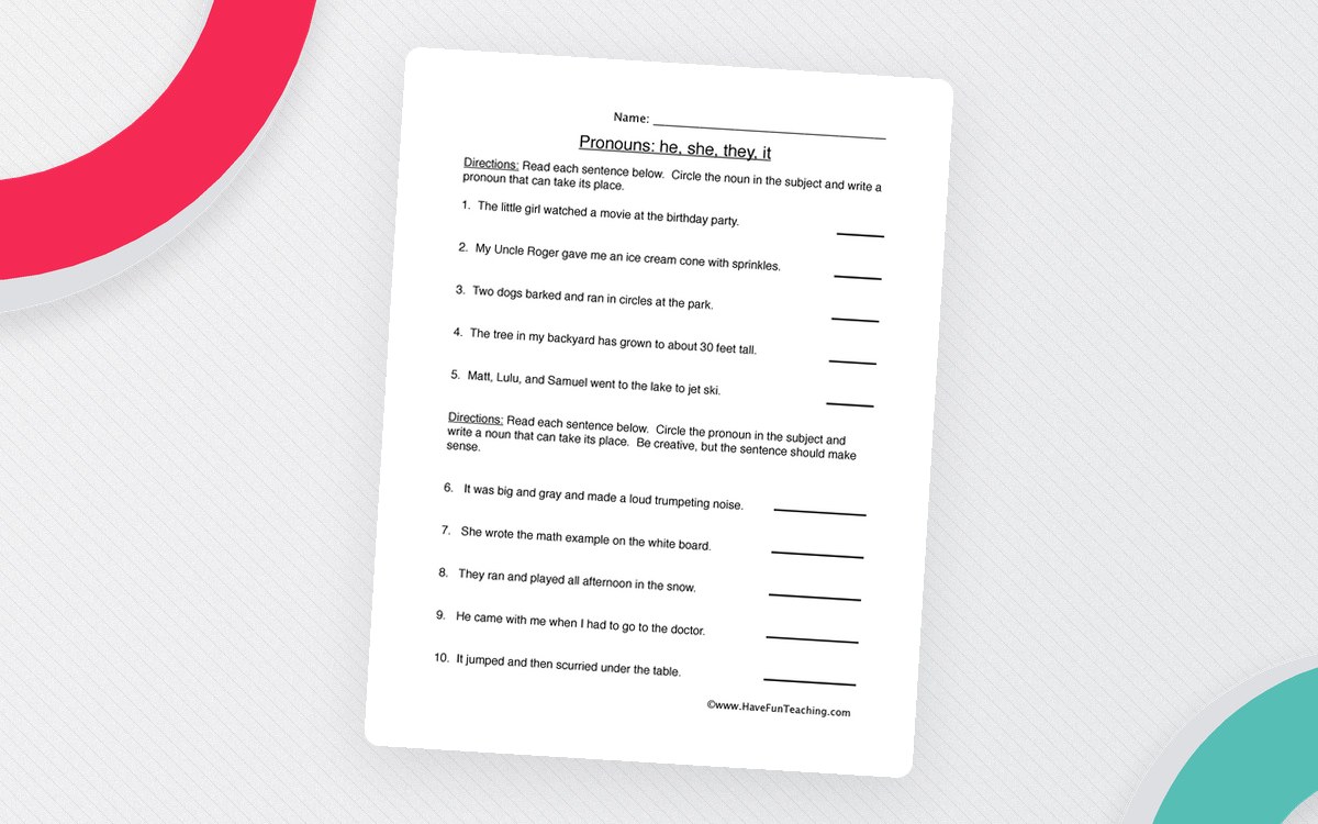 He She They It Pronoun Worksheet preview: Five noun-to-pronoun sentence prompts