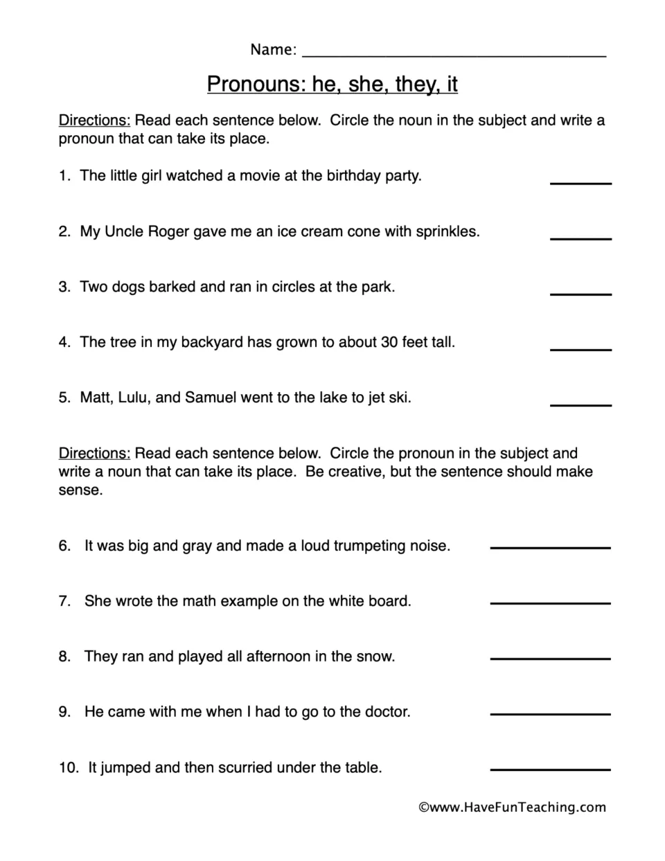 Pronouns he, she, they, it: students circle each subject noun and write a pronoun, then replace pronouns with nouns