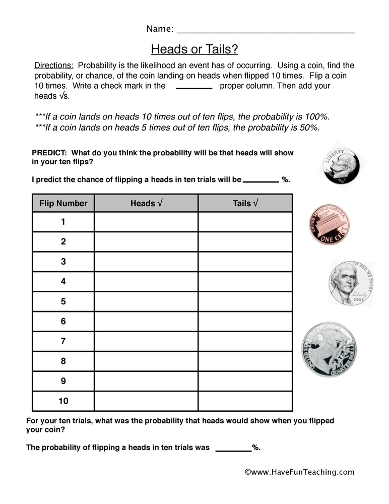 Heads or Tails Probability Worksheet by Teach Simple