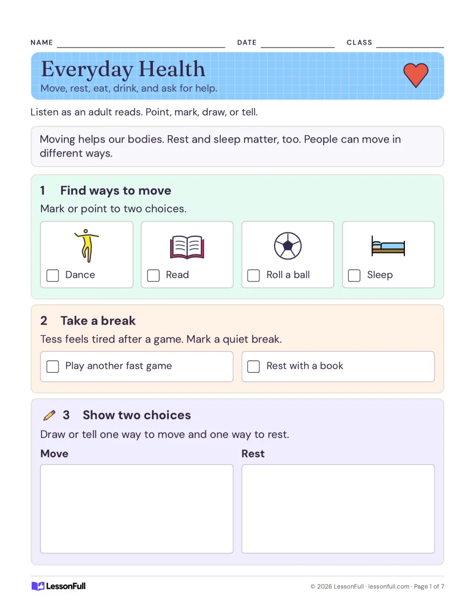 Everyday Health: find ways to move, pick a quiet break for a tired child, and draw or tell one way to move and to rest