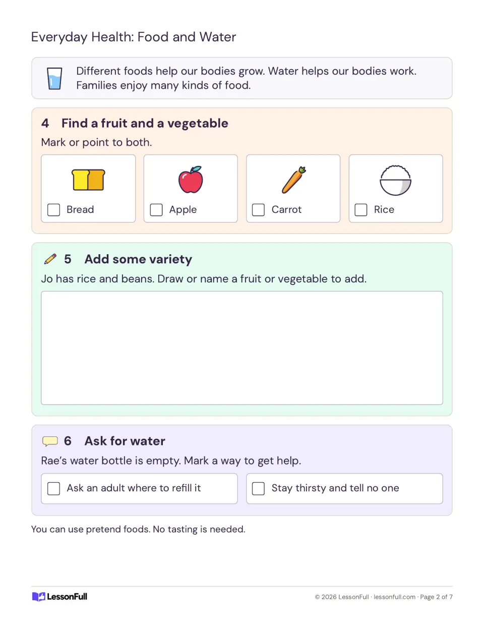 Food and water: mark a fruit and a vegetable, add one to a rice and beans meal, and choose how to ask for a water refill