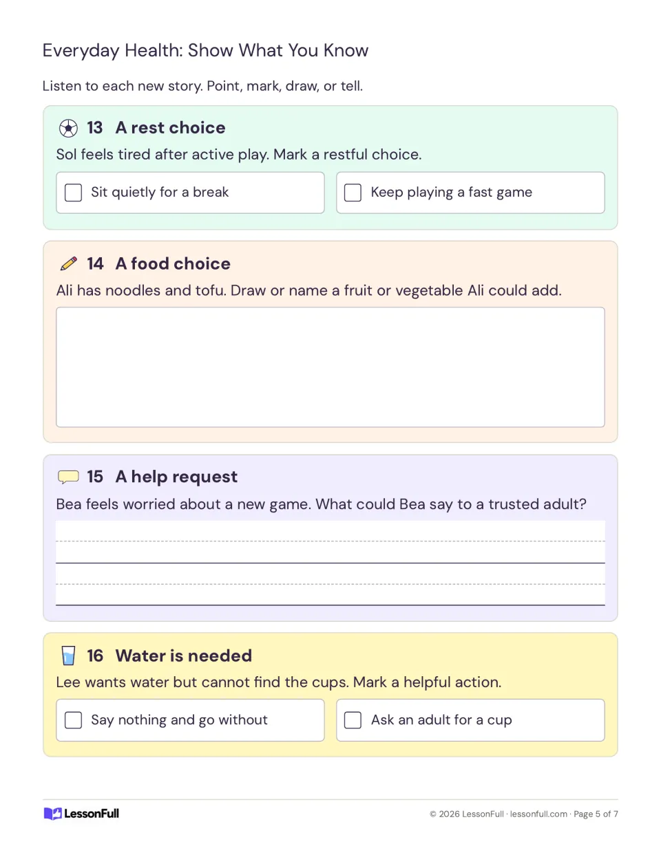 Show What You Know check with four new stories on a rest choice, a food choice, a help request and getting water