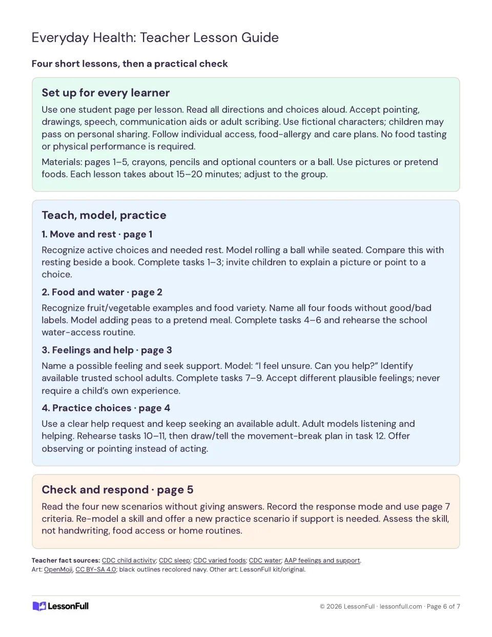 Teacher lesson guide for four health lessons and a final check: setup for every learner and teach, model, practice steps