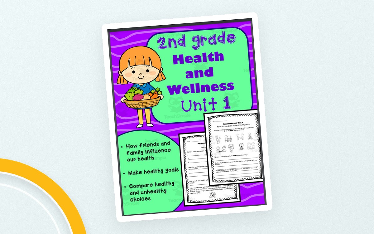 2nd Grade Health and Wellness Unit 1 cover with a child, activity-page previews, and personal-health prompts