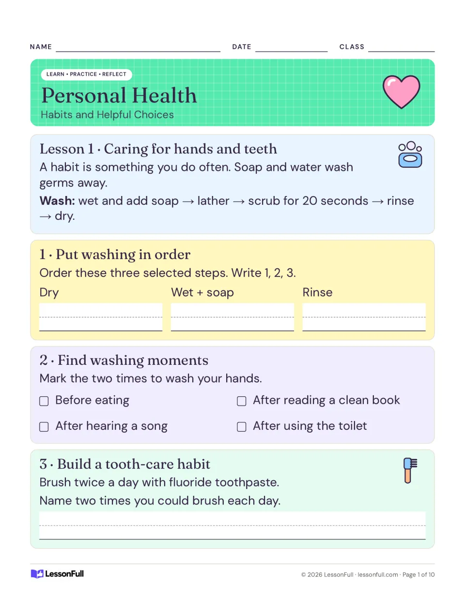 Lesson 1, activities 1–3: order handwashing steps, identify washing times, and plan daily toothbrushing.