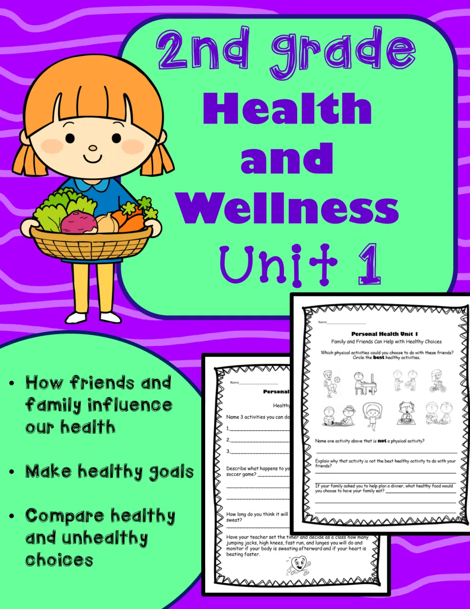 2nd grade Health and Wellness Unit 1 cover: friends and family influence, making healthy goals, healthy vs unhealthy choices