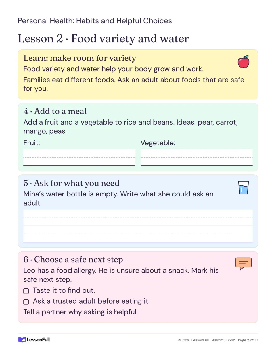 Lesson 2, activities 4–6: add fruit and vegetables to a meal, request water, and ask about food allergies.