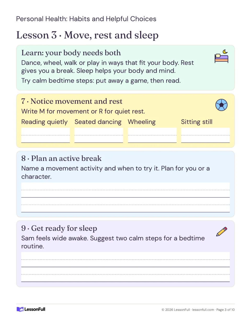 Lesson 3, activities 7–9: identify movement and quiet rest, plan an active break, and suggest bedtime steps.