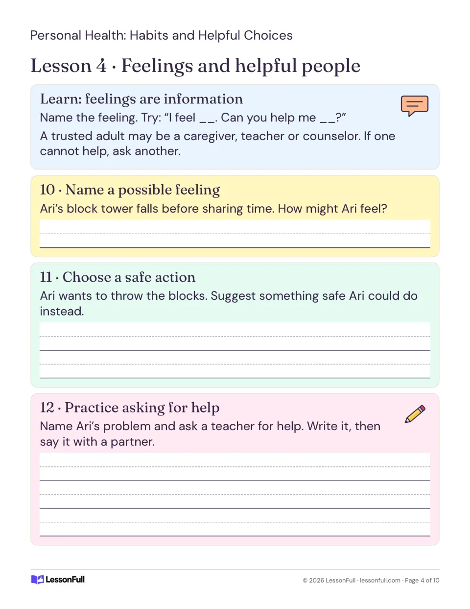 Lesson 4, activities 10–12: name Ari’s feelings after a block tower falls, choose a safe action, and ask for help.
