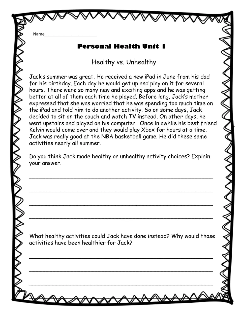 Healthy vs. Unhealthy story: students judge Jack's summer of iPad, TV and Xbox and suggest healthier activities
