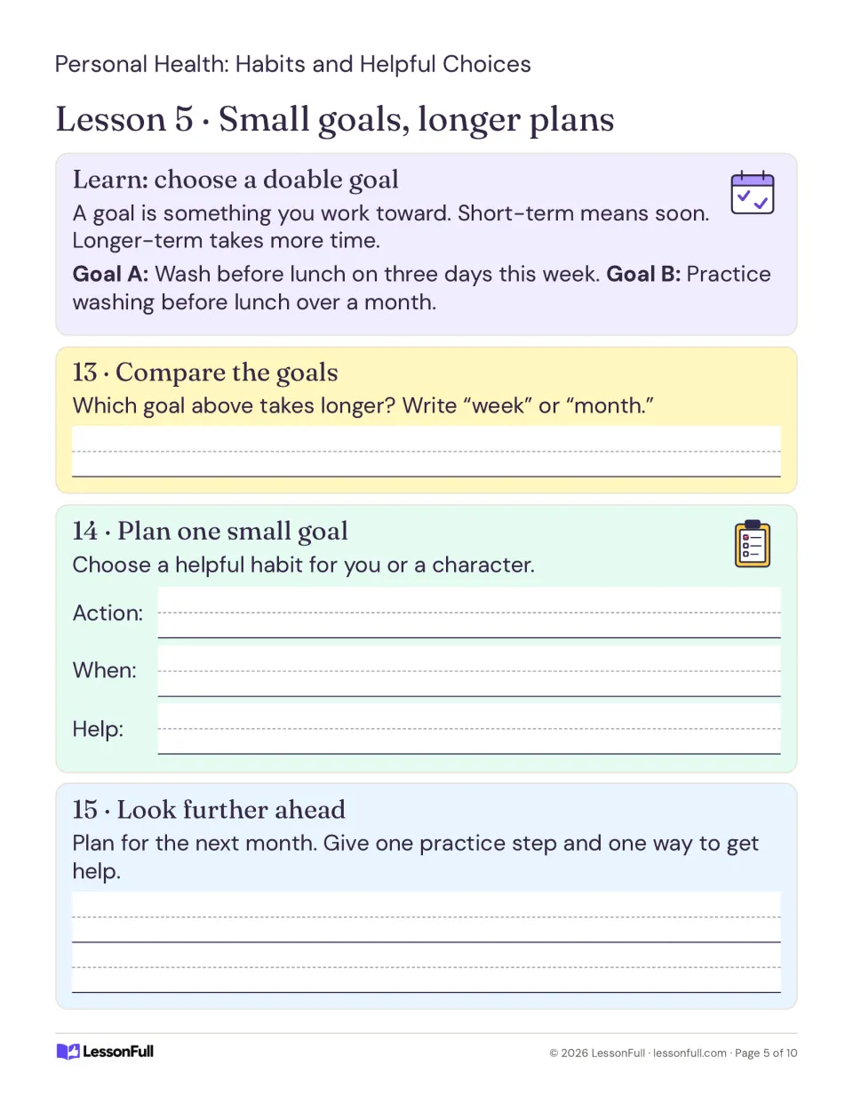 Lesson 5, activities 13–15: compare week and month goals, plan a helpful habit, and identify support.