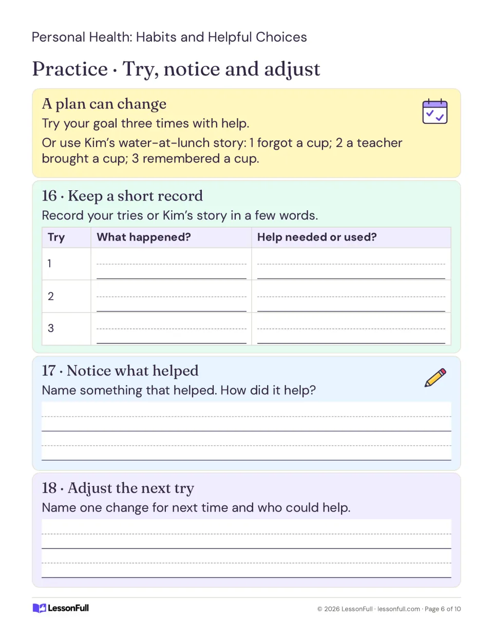 Practice activities 16–18: record three goal attempts, explain what helped, and plan a change for next time.