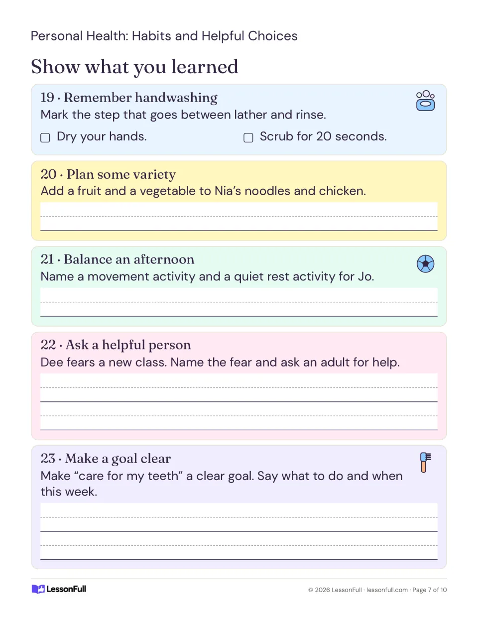 Assessment items 19–23 check handwashing, meal variety, movement and rest, asking for help, and tooth-care goals.