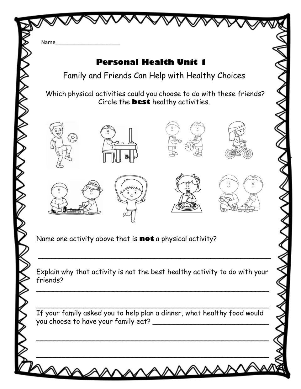 Family and friends activity choices: students circle physical activities among 8 pictures and plan a family dinner