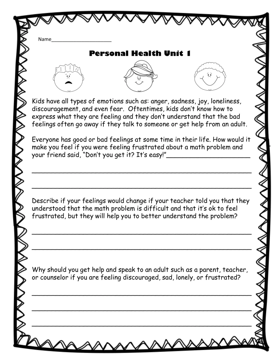Feelings and emotions: students reflect on frustration over a math problem and explain why talking to a trusted adult helps