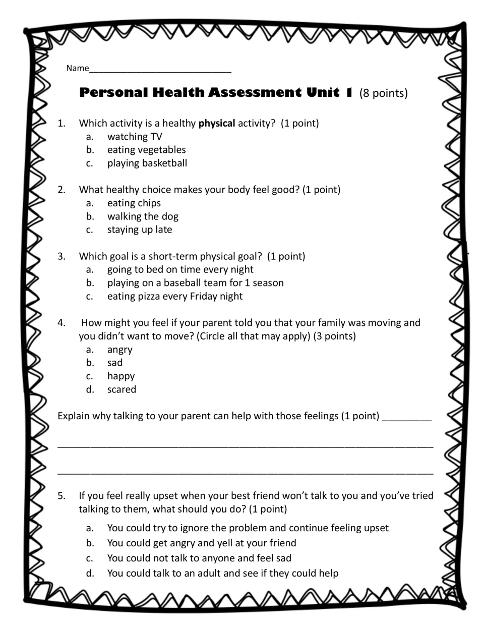 Personal Health Assessment: 5 questions on healthy activities, short-term goals and handling feelings, worth 8 points