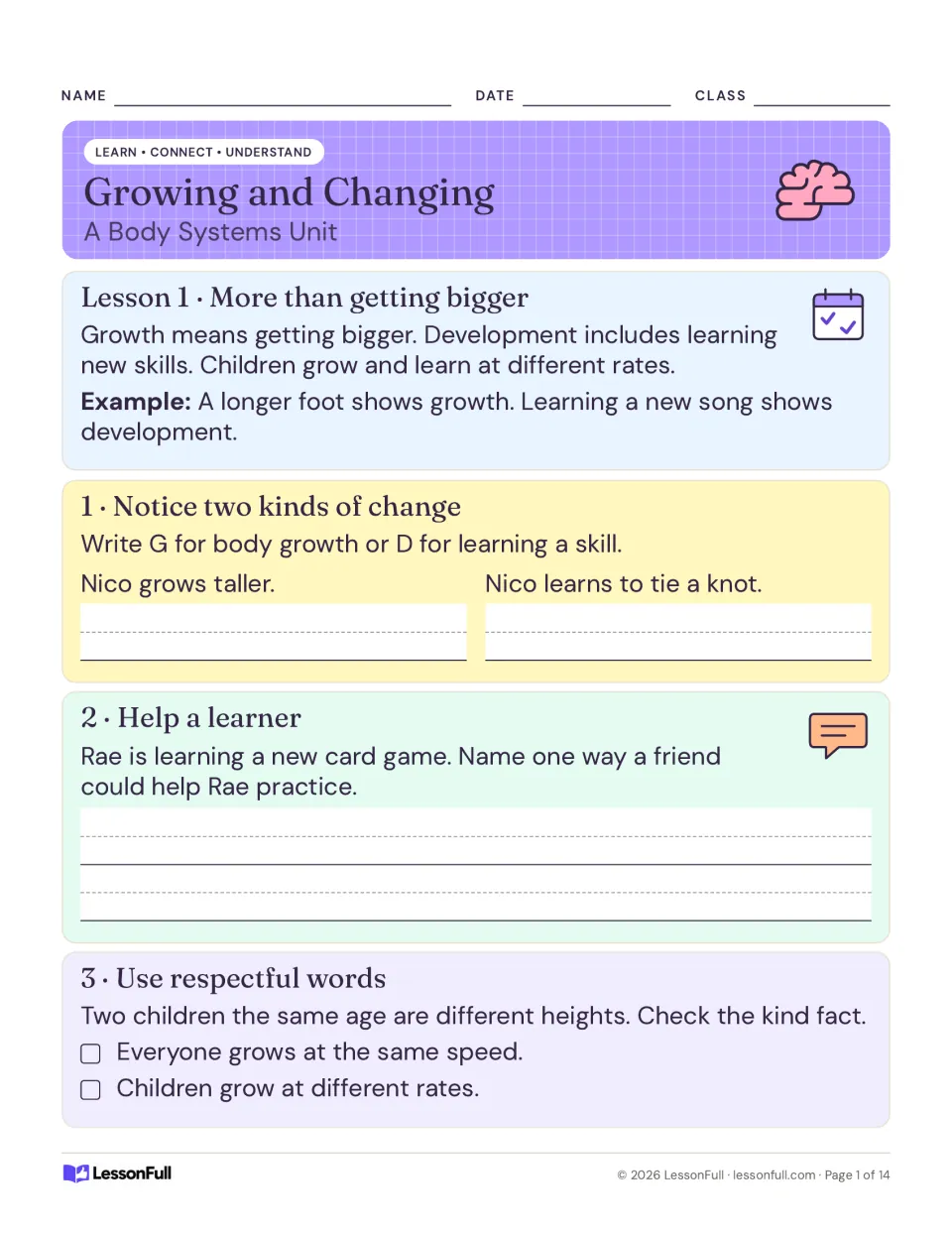 Lesson 1 introduces growth and development through getting taller, learning skills, and respecting differences.