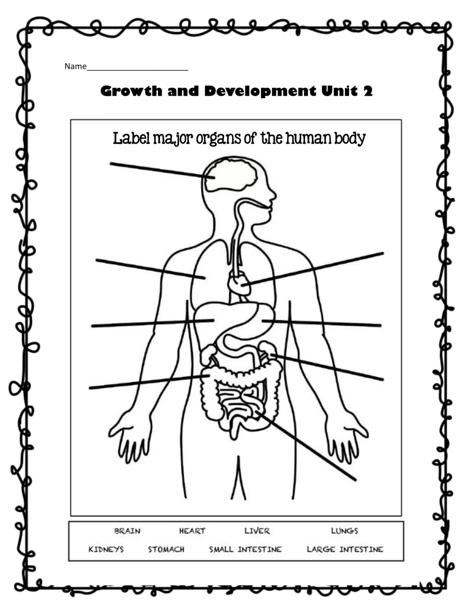 Label major organs: students write brain, heart, lungs, liver, kidneys, stomach and intestines from a word bank on the body
