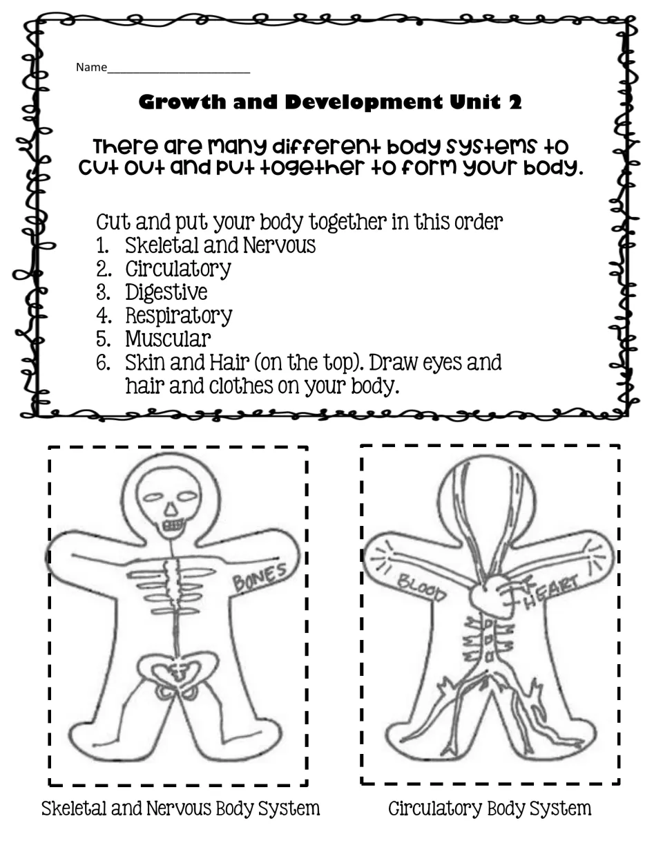 Body systems cut-and-assemble: students layer six system cutouts in order; skeletal-nervous and circulatory pieces shown