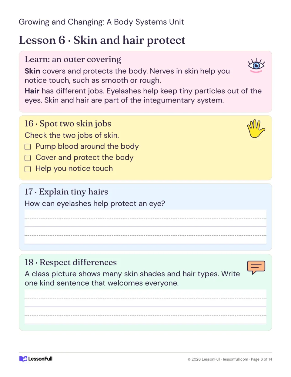 Lesson 6 explains skin protection, touch, and eyelashes, then asks students to write a welcoming sentence.