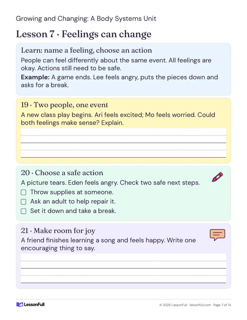 Lesson 7 explores different feelings about one event, safe actions when angry, and encouraging a happy friend.