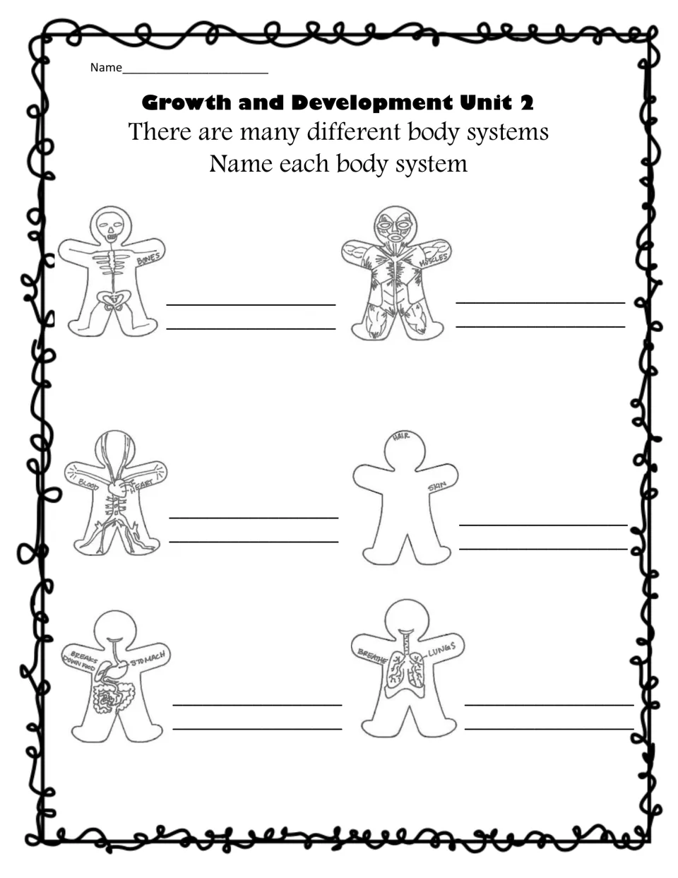 Name each body system: students write the name beside six labeled figures, from skeletal and muscular to respiratory