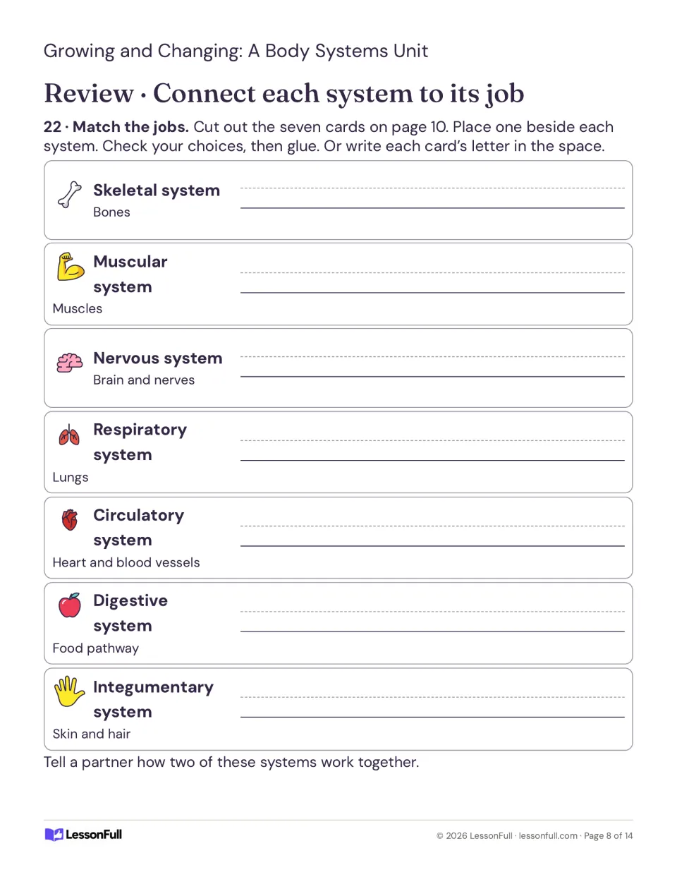 Body systems review asks students to match seven systems to job cards from page 10 or write each card's letter.