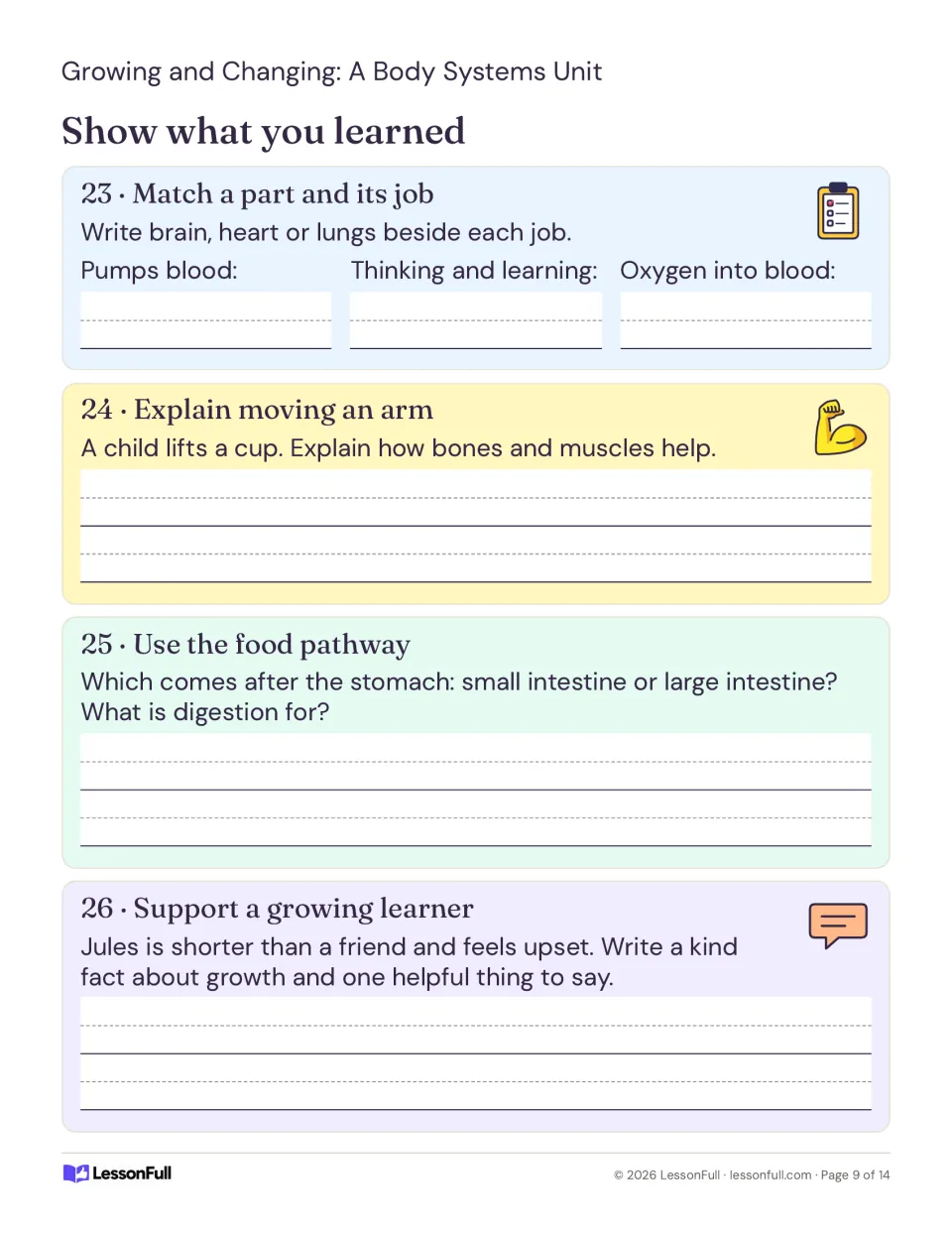 Assessment activities 23–26 check organ jobs, bones and muscles, digestion, and kind words about growth.