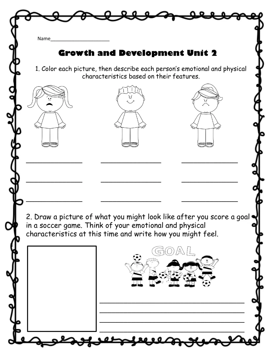 Physical and emotional traits: students color three children and describe each one, then draw themselves scoring a goal