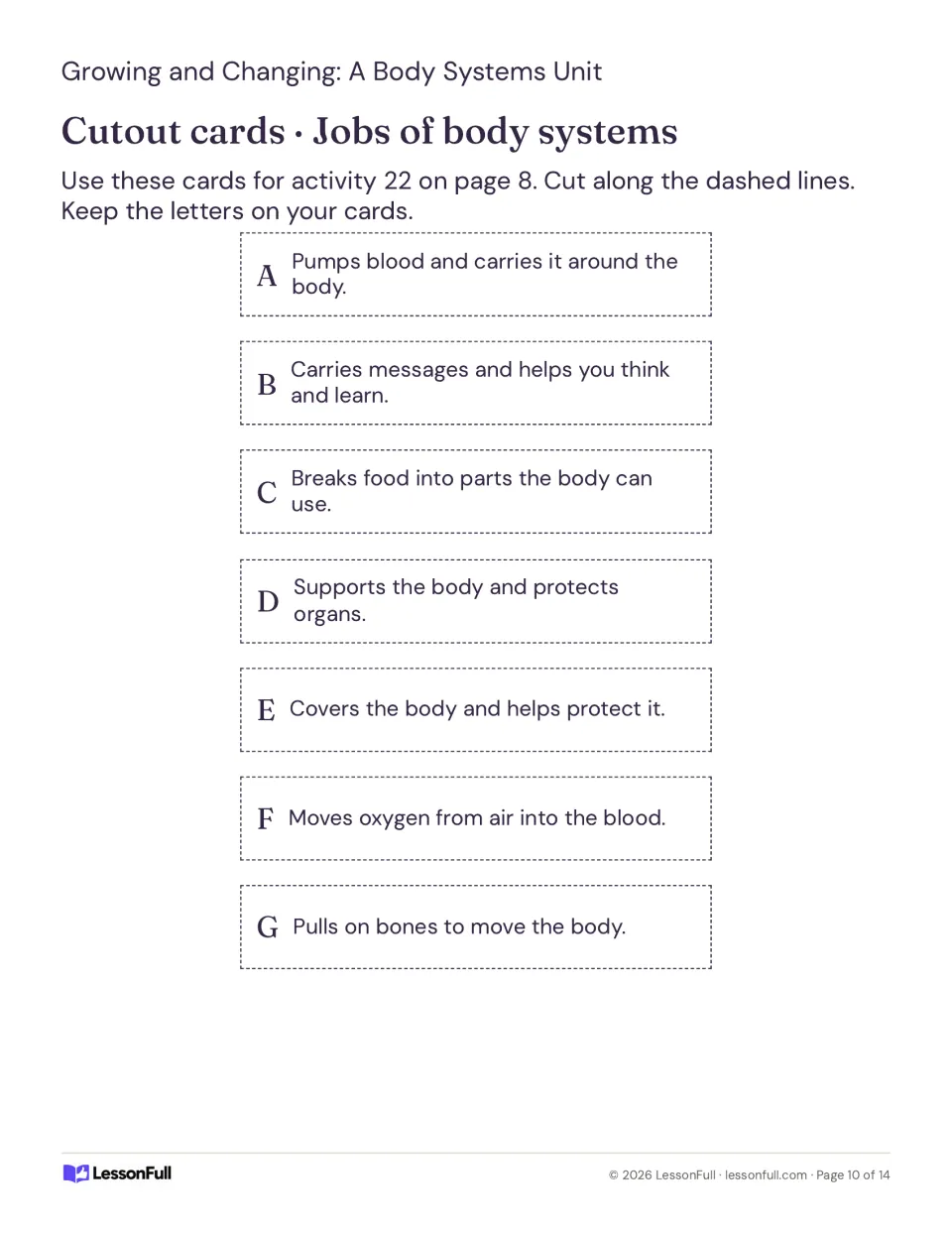 Seven cutout cards labeled A–G describe body system jobs for the matching review in activity 22 on page 8.