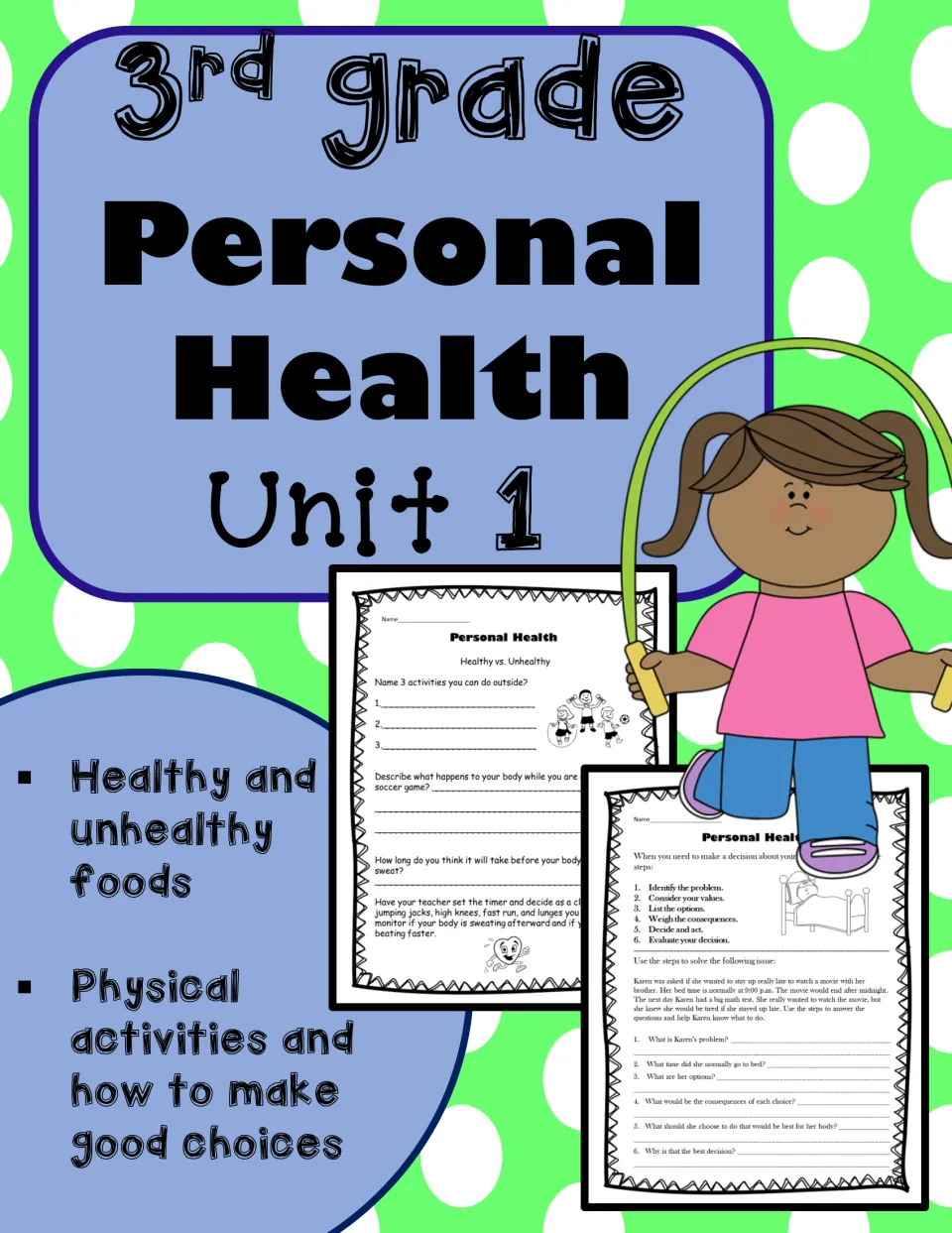 Personal Health Unit 1 cover: healthy and unhealthy foods, physical activities and making good choices, with sample pages