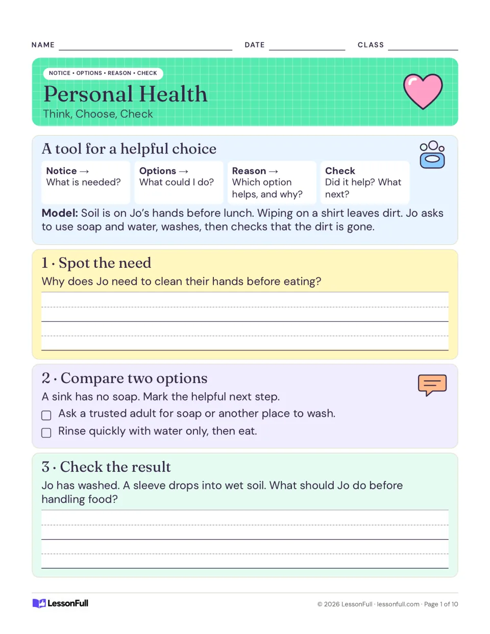 Personal health lesson 1: Notice, Options, Reason, Check decision tool and tasks 1–3 on handwashing