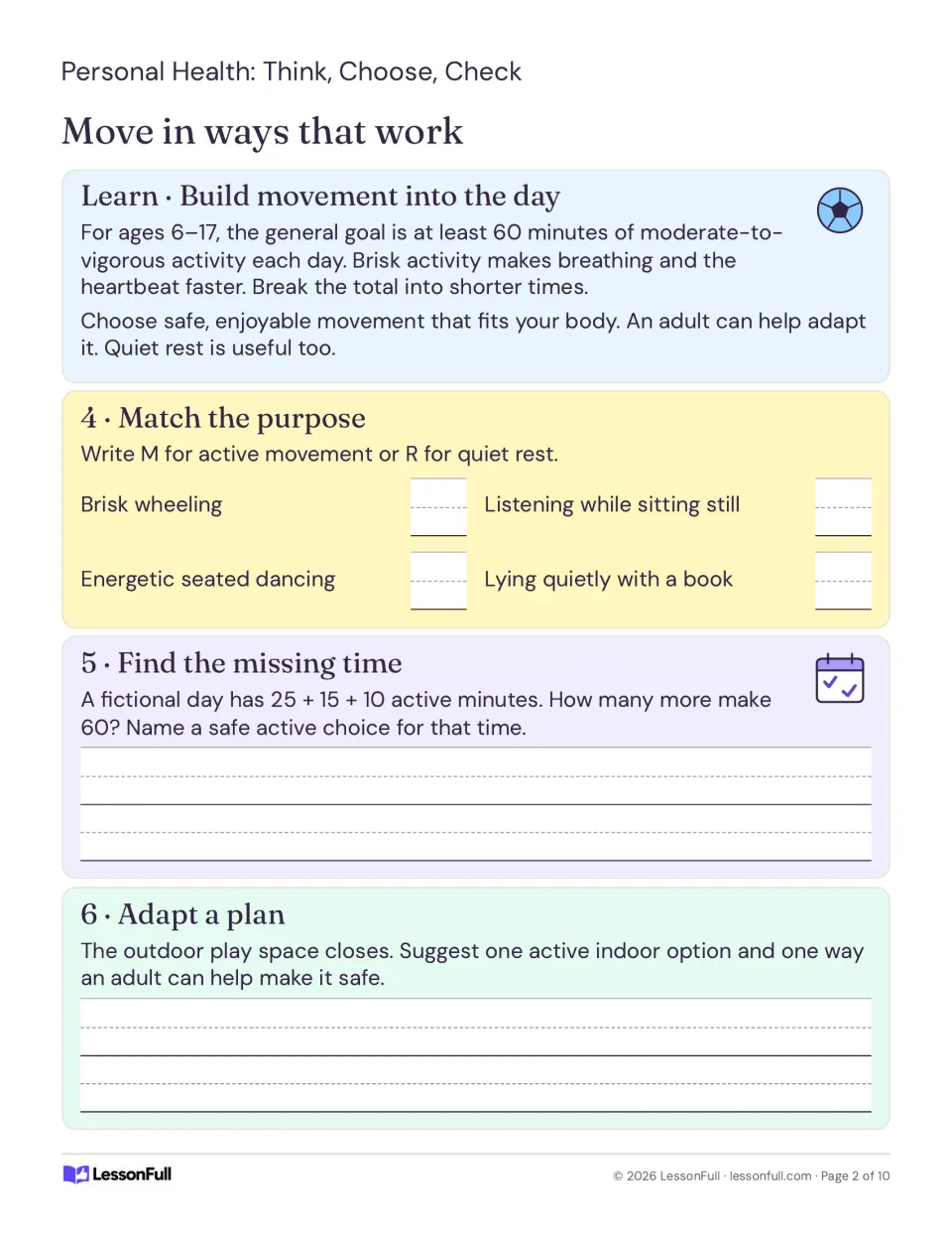 Movement lesson with tasks 4–6 on active movement versus rest, reaching 60 minutes, and adapting a plan