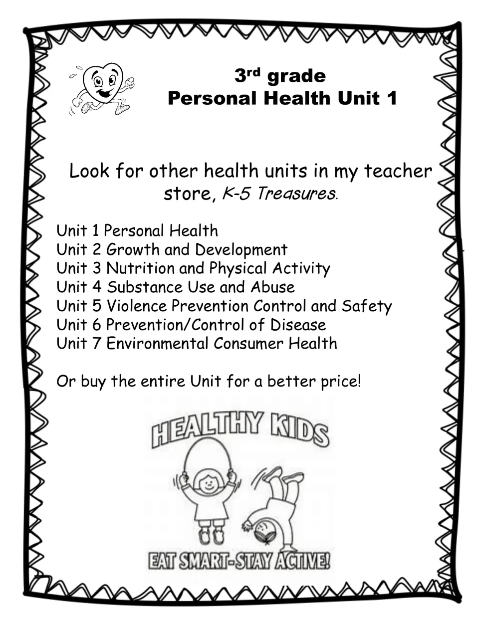 Health unit series list naming Units 1 to 7, from Personal Health to Environmental Consumer Health, with a Healthy Kids logo