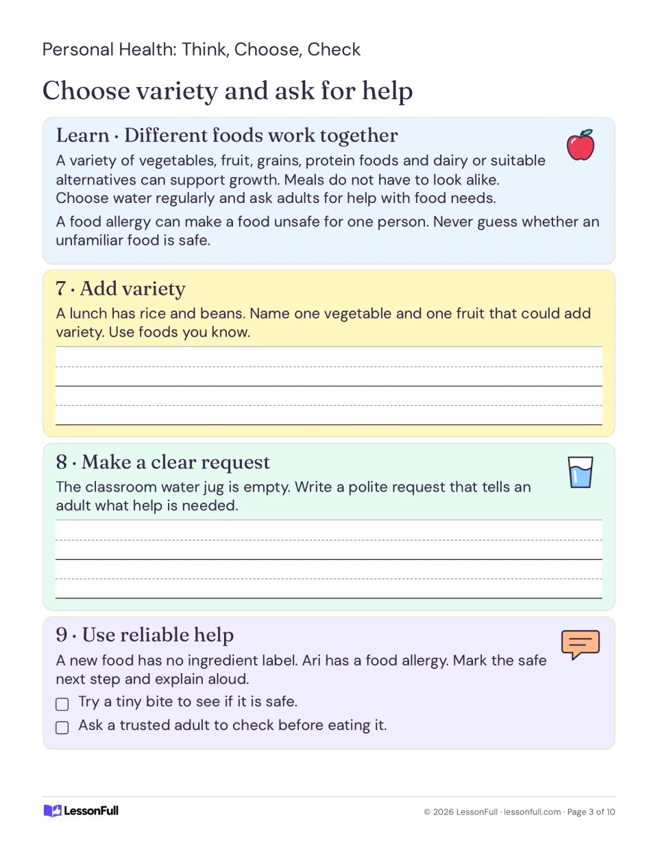 Food variety lesson with tasks 7–9 on adding fruit and vegetables, requesting water, and allergy safety