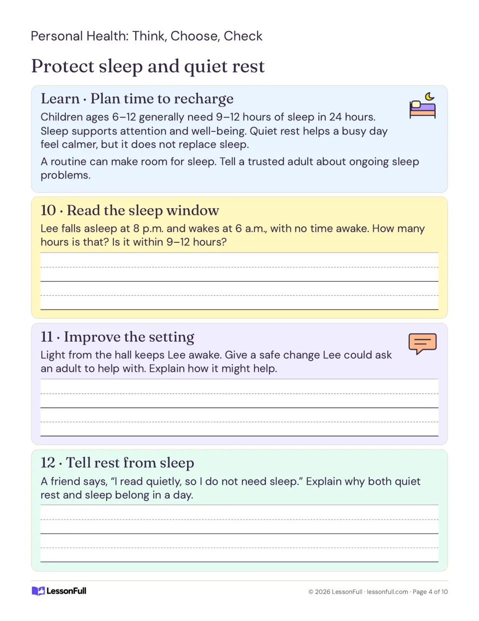 Sleep lesson with tasks 10–12 on an 8 p.m. to 6 a.m. sleep window, reducing light, and rest versus sleep