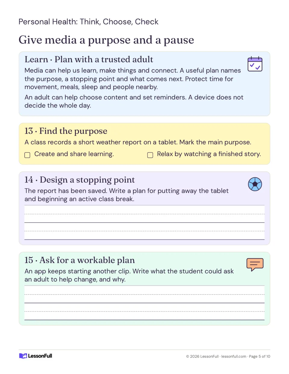 Media lesson with tasks 13–15 on a tablet weather report, planning an active break, and autoplay help