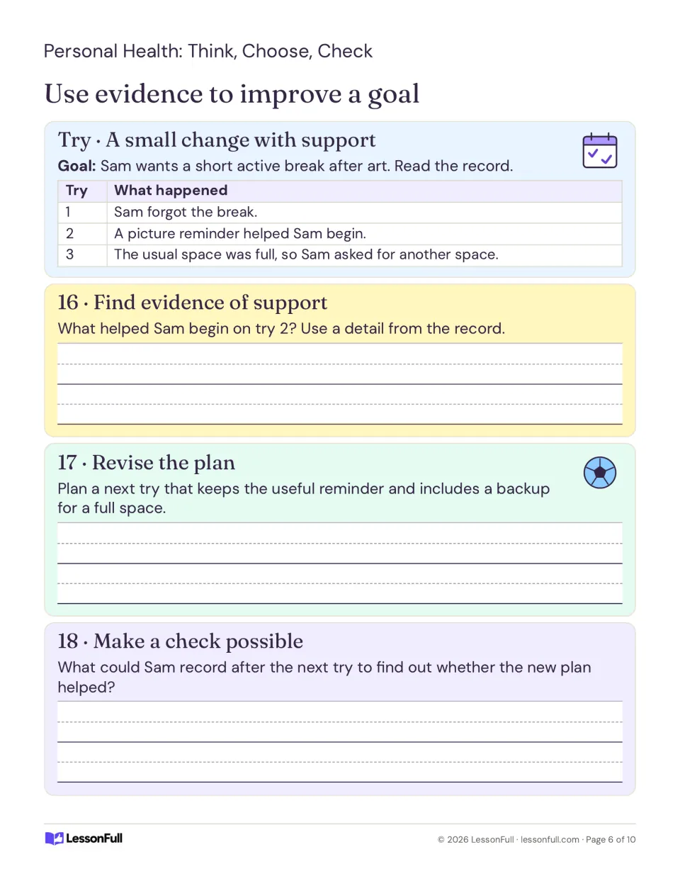 Goal revision lesson with Sam’s three-try activity record and tasks 16–18 on reminders and backup plans