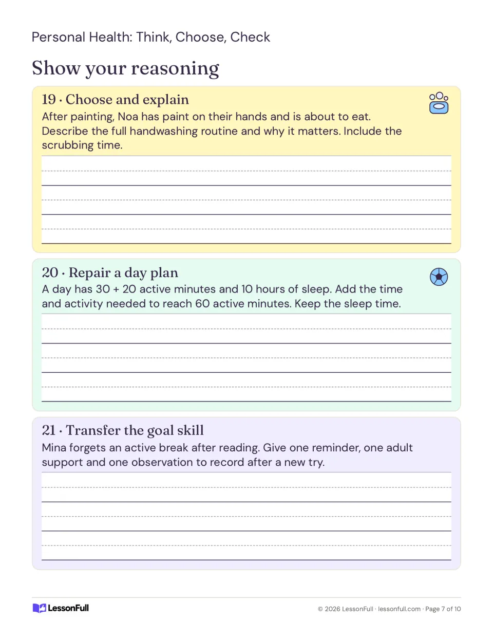 Assessment tasks 19–21 ask students to explain handwashing, complete an activity plan, and support a goal