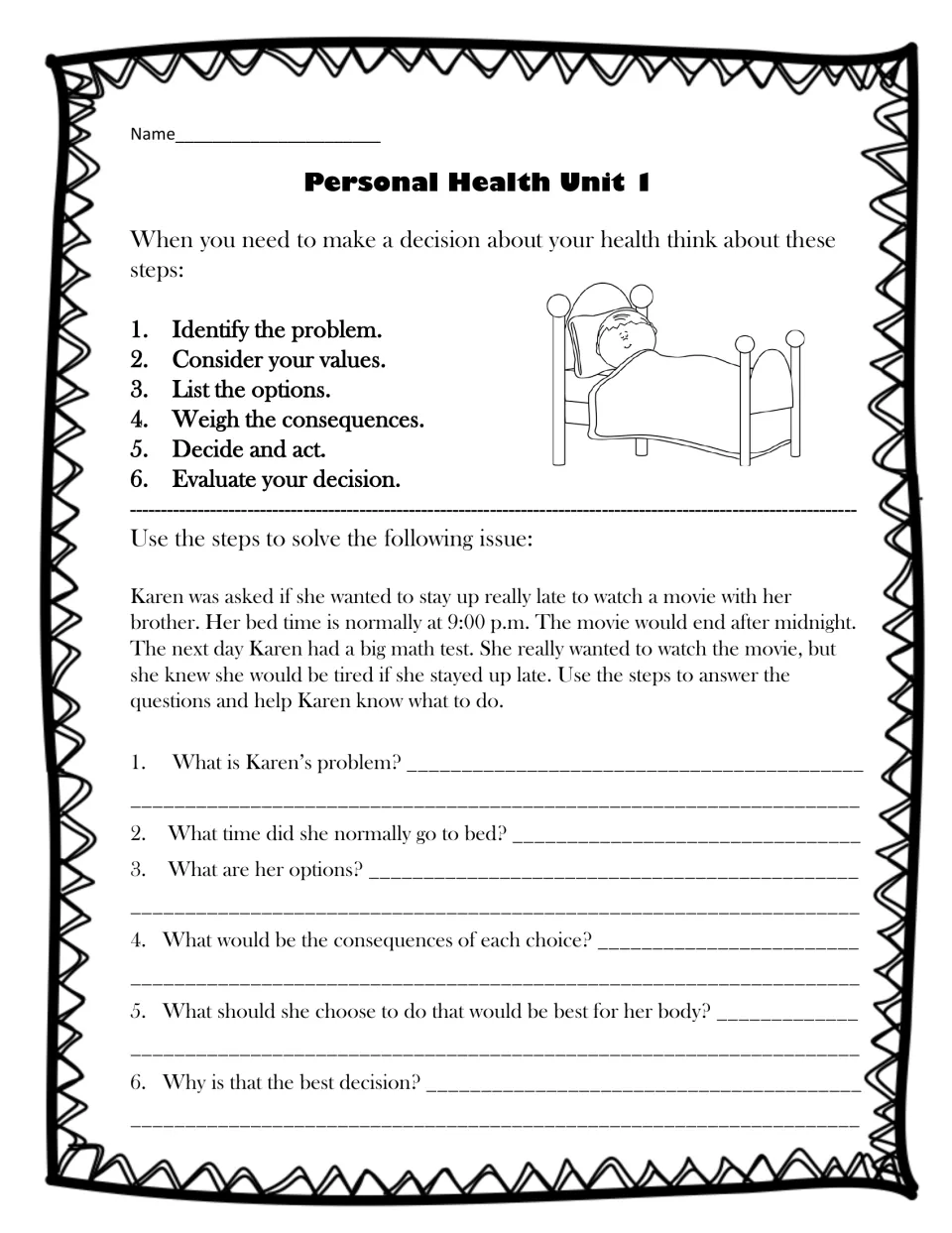 Six-step health decision model applied to Karen, who wants to stay up past midnight before a math test; 6 questions follow
