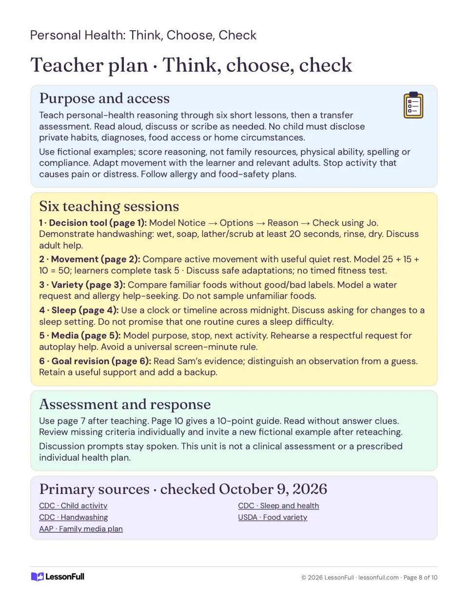 Teacher plan for six personal health lessons, with access guidance, assessment directions, and sources