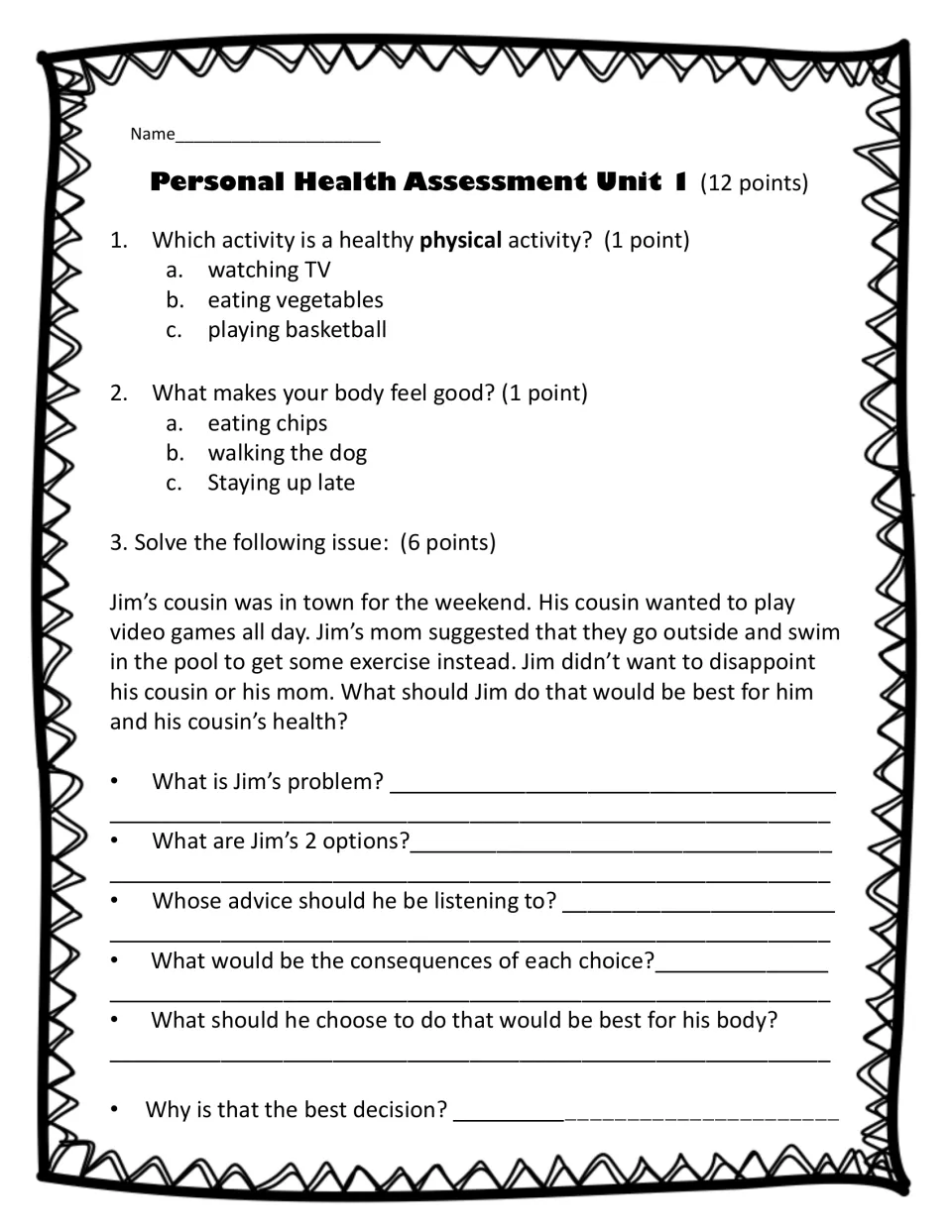 Personal Health Assessment, 12 points: two multiple-choice items and a scenario about Jim choosing video games or swimming