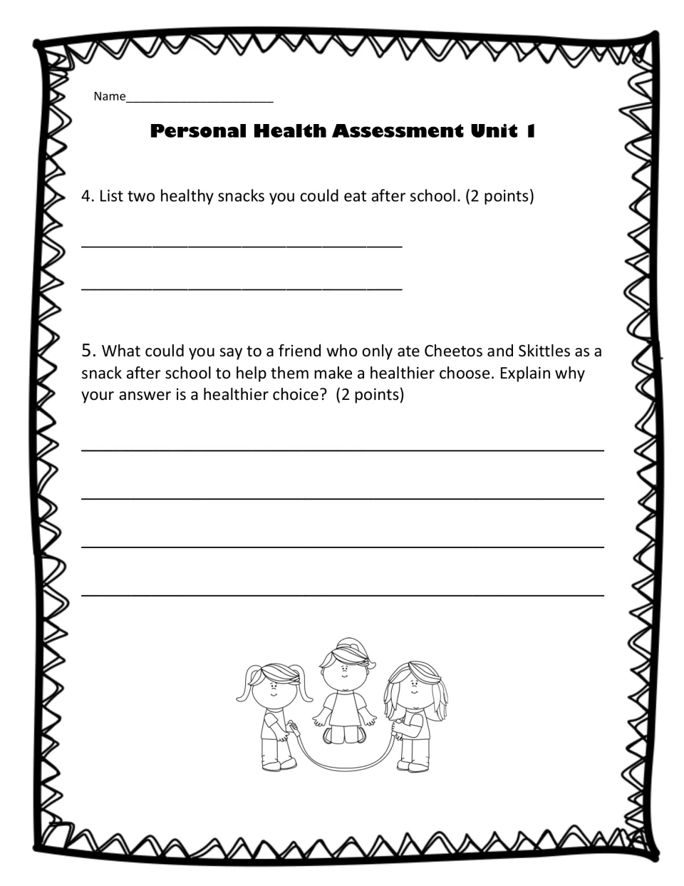 Assessment questions 4 and 5: students list two healthy after-school snacks and advise a friend who eats Cheetos and Skittles