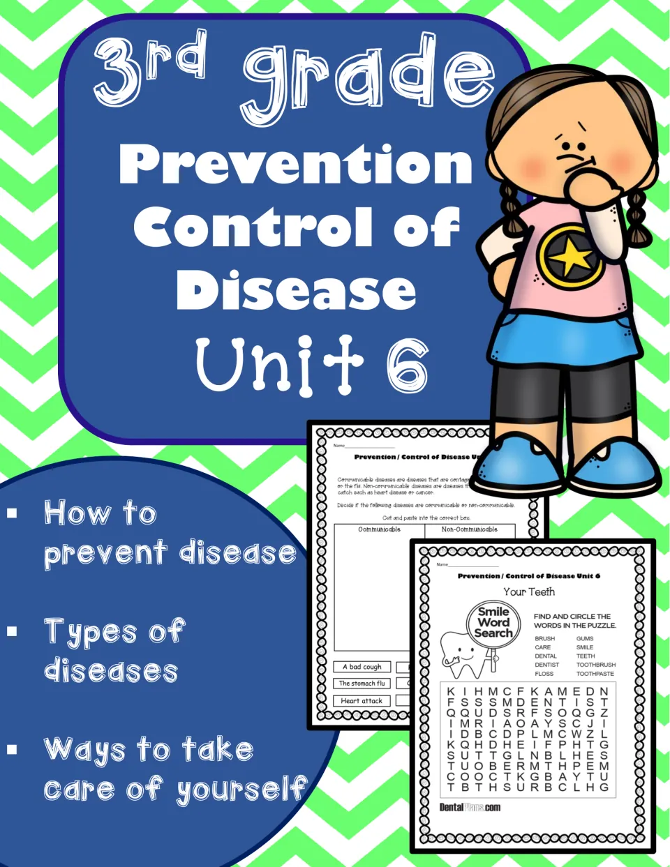 Prevention Control of Disease Unit 6 cover listing disease prevention, types of diseases and self-care, with sample pages