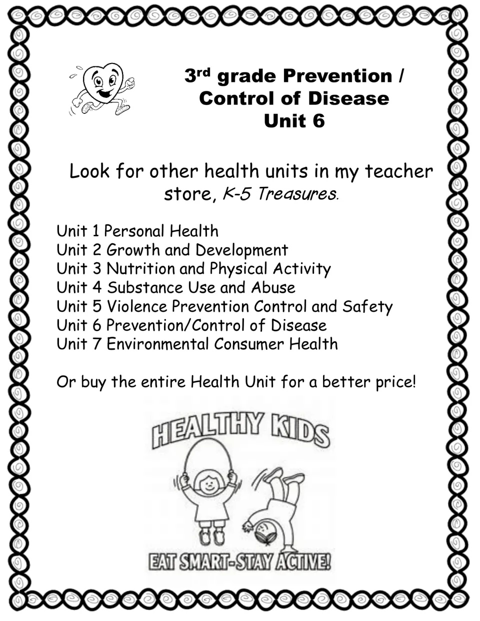 Health series list from K-5 Treasures naming Units 1 to 7, from Personal Health to Environmental Consumer Health