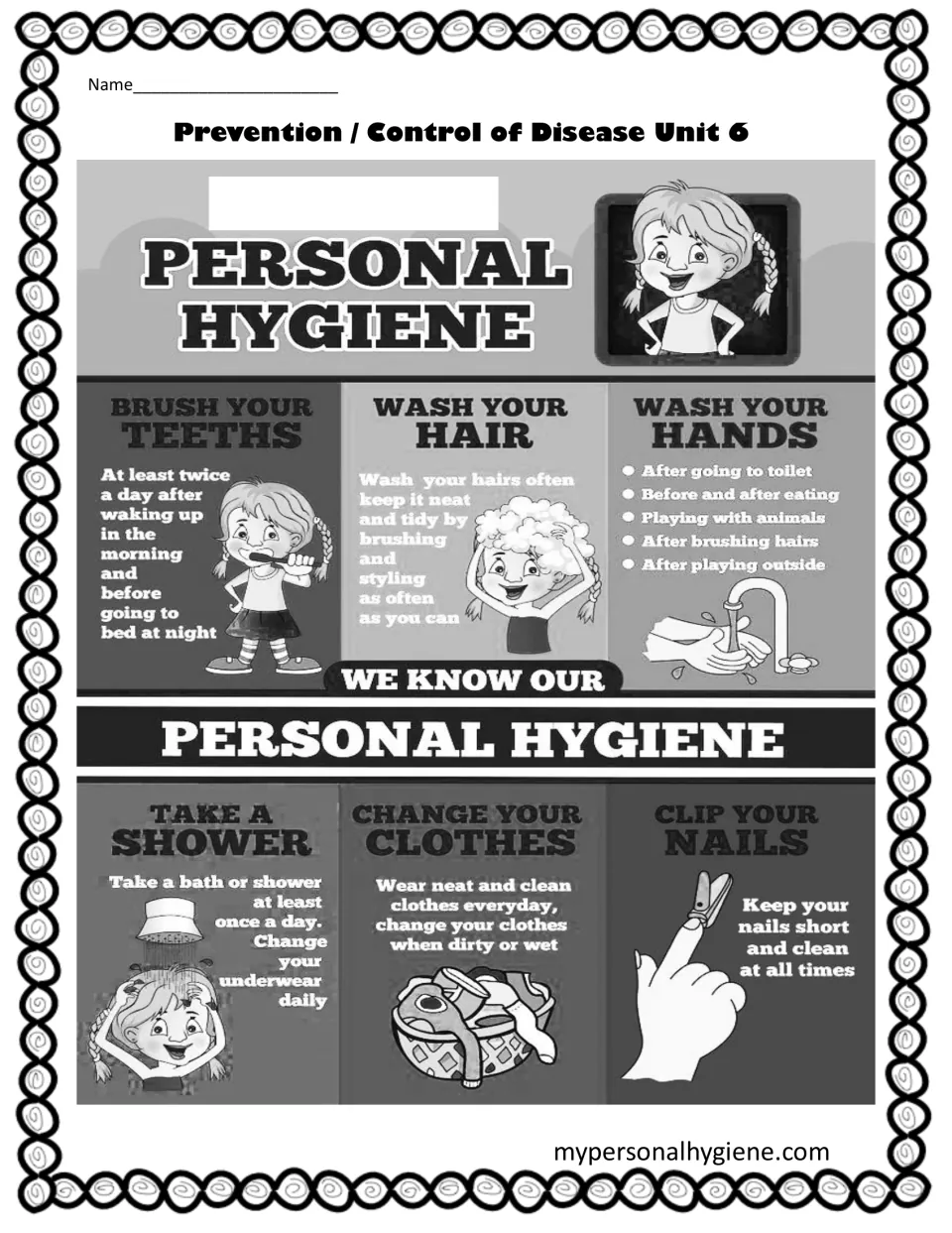 Personal hygiene poster: brush teeth, wash hair, wash hands, take a shower, change clothes and clip nails, with tips